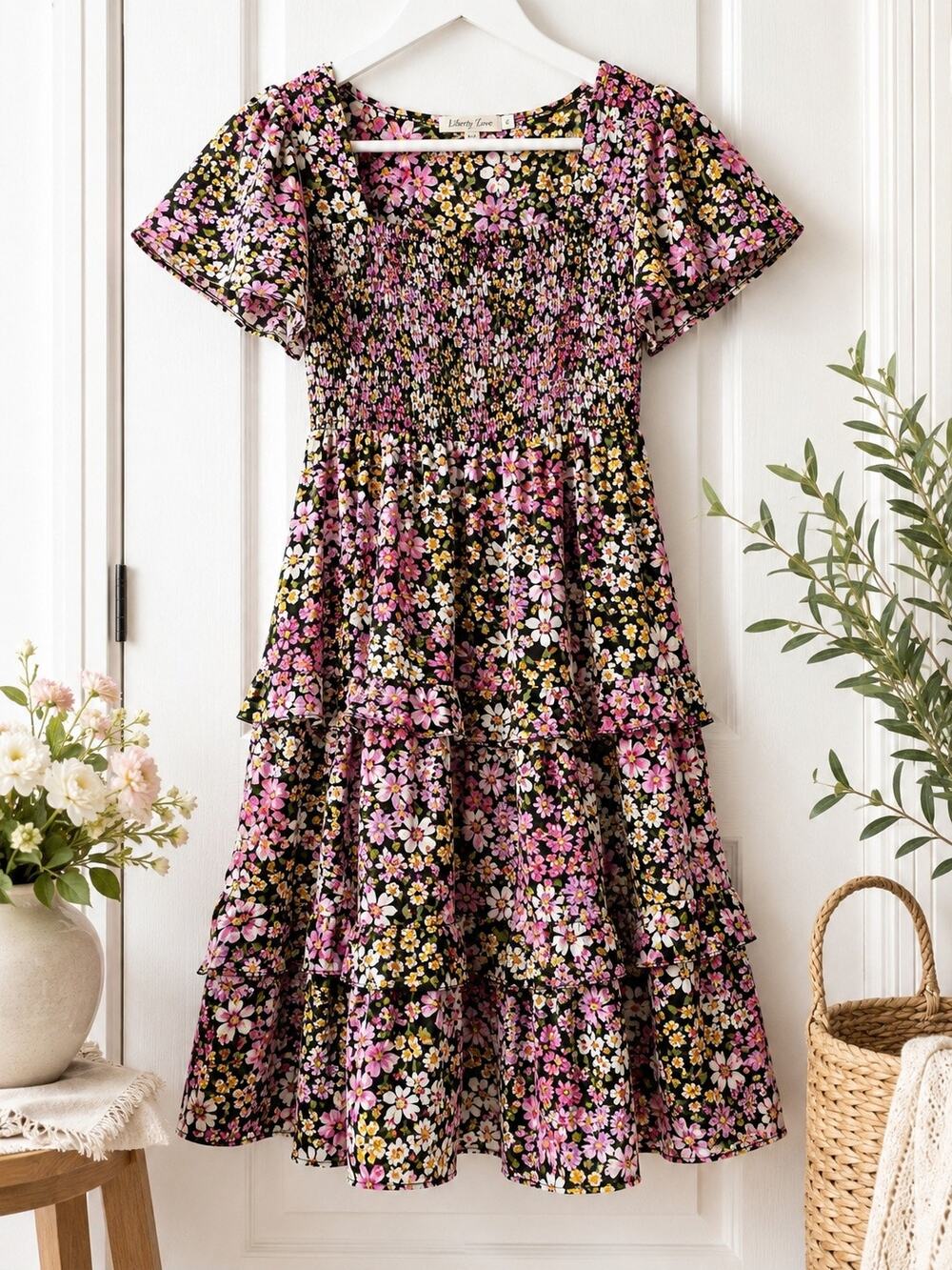 Liberty Love Floral Smocked Tiered Mini Dress Women's Medium Flutter Sleeve EUC
